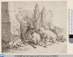 Ziegenbock und Schafe neben Obelisk mit Porträtmedaillon eines römischen Herrschers