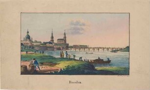 Stadtansicht von Dresden, Blick vom Ausschiffungsplatz am linken Elbufer nach Südwesten auf die Altstadt und die Augustusbrücke, im Vordergrund Arbeiter, Spaziergänger und Boot