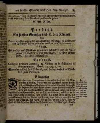 Predigt Am fünften Sonntag nach H. drey Königen.