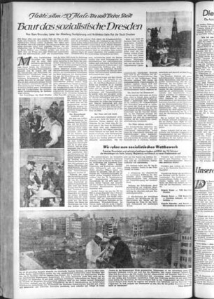 Sächsische Zeitung 8 (1953)... vom 13. Februar. Seite ...: Themenseite "Du und Deine Stadt" (Dresden) mit "Baut das sozialistische Dresden" von Hans Bronder und einem Wettbewerbsaufruf von Baubrigaden