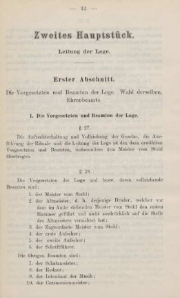 Erster Abschnitt. Die Vorgesetzten und Beamten der Loge. Wahl derselben. Ehrenbeamte.
