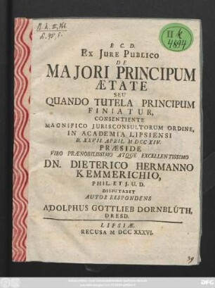 Ex Jure Publico De Majori Principum Ætate Seu Quando Tutela Principum Finiatur