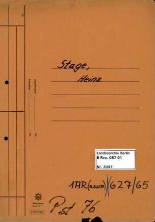 Personenheft Heinz Stage (*30.06.1910), Polizeiinspektor und SS-Obersturmführer