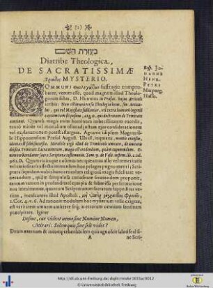 Diatribe Theologica, De Sacratissimae Triados Mysterio.