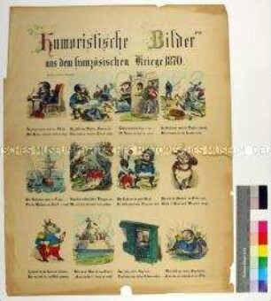 Bilderbogen mit 12 Karikaturen auf Kaiser Napoleon III. als Heerführer während des Deutsch-Französischen Kriegs