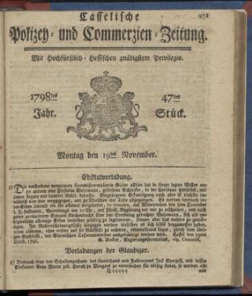 47tes Stueck, Montag den 19ten November 1798