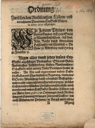 Ordnung Zwischen Ambtleuthen, Kellern und verrechneten Dienern im ErtzStifft Mäyntz in anno 1651 offgerichtet