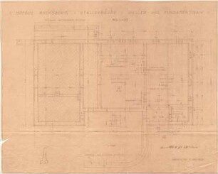 Littmann, Max; Bocksberg; Stallgebäude und Bauernhaus - Stallgebäude (Grundriss Fundament, Grundriss Keller)