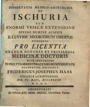 Dissertatio Medico-Chirurgica De Ischuria Cum Enormi Vesicae Extensione