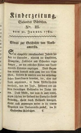 Kinderzeitung. Siebendes Bändchen. Nro. III. vom 21. Januar 1782.