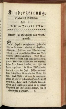 Kinderzeitung. Siebendes Bändchen. Nro. III. vom 21. Januar 1782.