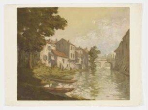Landschaft mit Fluss und Booten