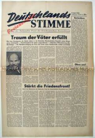 Wochenzeitung der Nationalen Front "Deutschlands Stimme" u.a. zum Recht auf Arbeit in der DDR und zum Geburtstag von Lenin