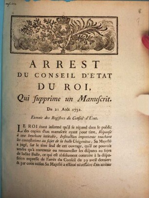 Arrest Du Conseil D'Etat Du Roi, Qui supprime un Manuscrit, Du 21 Août 1752 : Extrait des Registres du Conseil d'État