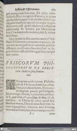 Priscorum Philosophorum De Ebrietate Iudicia seu senteniae