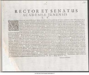 Rector Et Senatus Academiae Jenensis L.S. Vigilias Nocturnas Non In Bellis Tantum Et in Castris ... ; PP. Die 23. Martii A. O. R. 1617.