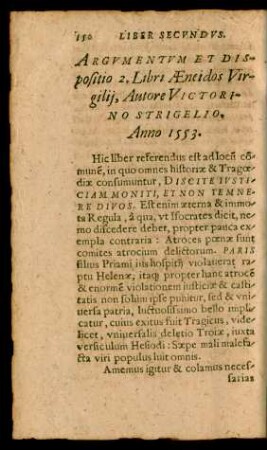 Argumentum Et Dispositio 2. Libri Aeneidos Virgilii, Autore Victorino Strigelio. Anno 1553.