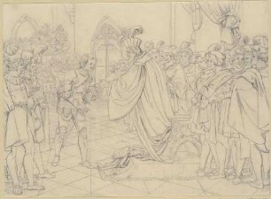 Zu Schillers "Der Kampf mit dem Drachen", Blatt 16: Der Ritter wird belobigt
