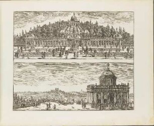 Kupferstich: Porticus horti Iacobsdahlensis in qua omnis generis plantae rariores ... / Repraesentatio Montis Mariae in horto Iacobsdahlensi
