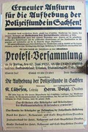 Maueranschlag mit dem Aufruf zu einer Protestversammlung gegen die beabsichtigte Aufhebung der Polizeistunde
