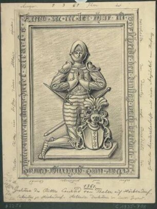 Der Grabstein mit Bildnis, Wappen und Umschrift des Conrad von Theler, gest. 1361, in der südlichen Vorhalle der Kirche von Höckendorf bei Dippoldiswalde