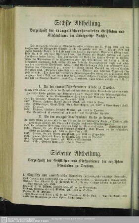 Siebente Abtheilung. Verzeichniß der Geistlichen und Kirchendiener der englischen Gemeinden zu Dresden