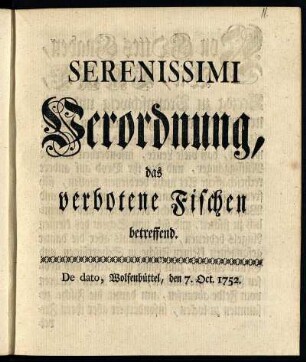 Serenissimi Verordnung, das verbotene Fischen betreffend