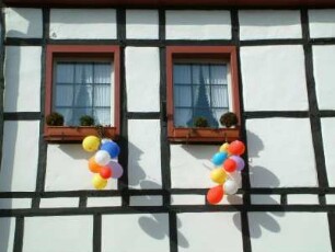 Karnevalsdekoration an einem Wohnhaus