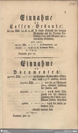 Einnahme an Documenten