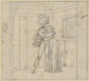 Zu Goethes "Faust": Blatt 15 (17): Gartenhäuschen (Faust küsst Gretchen, Mephisto und Marthe hinter der Tür)