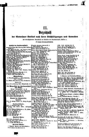 III. Verzeichniß der Einwohner Berlins nach ihren Beschäftigungen und Gewerben