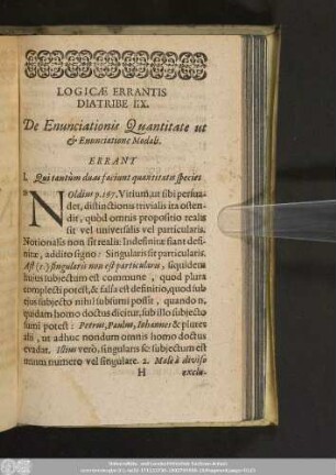 Logicae Errantis Diatribe IIX. De Enunciationis Quantitate ut & Enunciatione Modali.