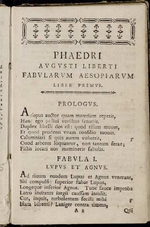 Phaedri Augusti Liberti Fabularum Aesopiarum Liber Primus.