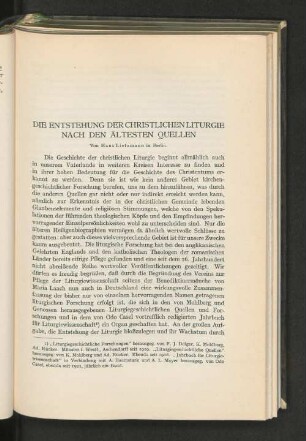 Die Entstehung der christlichen Liturgie nach den ältesten Quellen Von Hans Lietzmann in Berlin