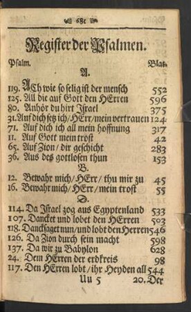 Register der Psalmen.