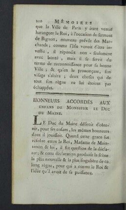 Honneurs accordés aux enfans de Monsieur le Duc du Maine.