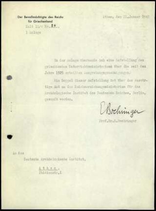 Anschreiben; E. Boehringer an DAI Athen