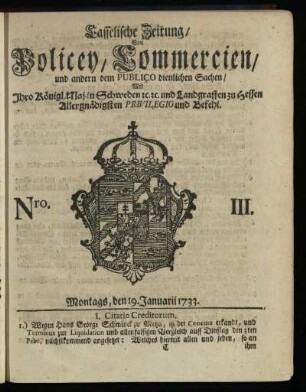 Nro. III, Montags, den 19. Januarii 1733