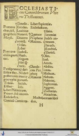 ECCLESIASTIcus Canon librorum Veteris et Novi Testamenti