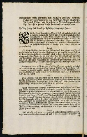 An Eine Hochpreißlich Allgemeine Reichs-Versammlung...