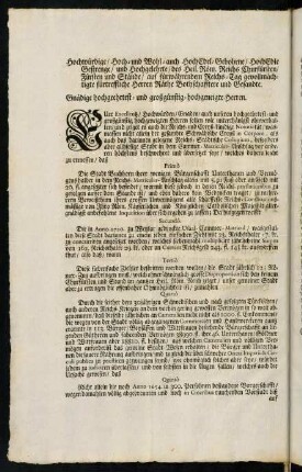 An Eine Hochpreißlich Allgemeine Reichs-Versammlung...
