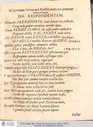 Ad Juvenum Virum qua Eruditionem qua pietatem Ornatissimum Dn. Respondentem