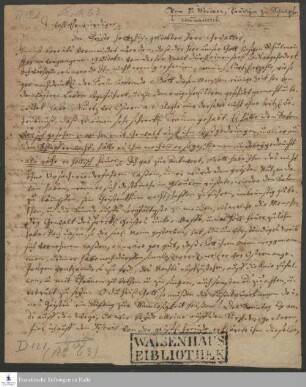 Brief von Johann Christian Weidner an [Unbekannt].