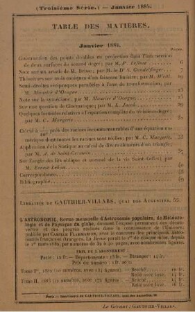 Table des matières. Janvier 1884.