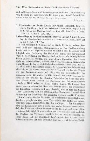254-256 [Rezension] Nink, Caspar, Kommentar zu Kants Kritik der reinen Vernunft