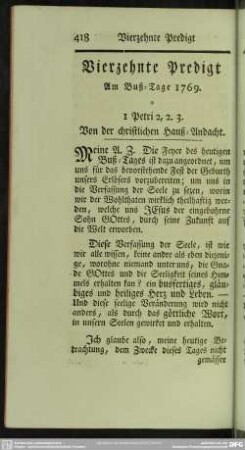 Vierzehnte Predigt Am Buß-Tage 1769. 1 Petri 2,2.3. Von der christlichen Hauß-Andacht