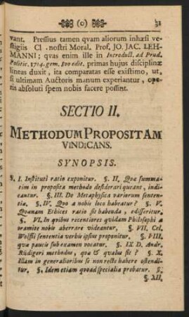 Sectio II. Methodum Propositam Vindicans. Synopsis.