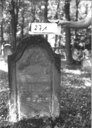Grabstein 271 (Index: 99609908) Material: Sandstein Zustand: stark verwittert, völliger Textverlust Maße HxBxT: 92x56x11 cm Beschreibung: Stele, Konvexbogenabschluß, Schriftfeld eingetieft Besonderheit: ergänzt nach Gräberliste: Grabstein 271