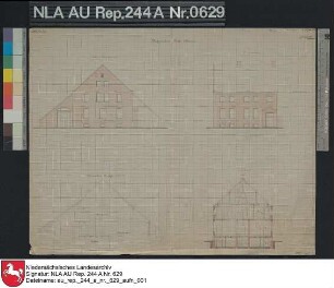 Ansichten und Profile vom Platzgebäude der Domäne Rothe Scheune bei GRIMERSUM Kolorierte Zeichnung von Schwägermann Papier Format 47,6x37,8 M 1:167