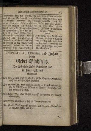 Dispositio, Ordnung und Inhalt dieses Gebet-Büchleins.